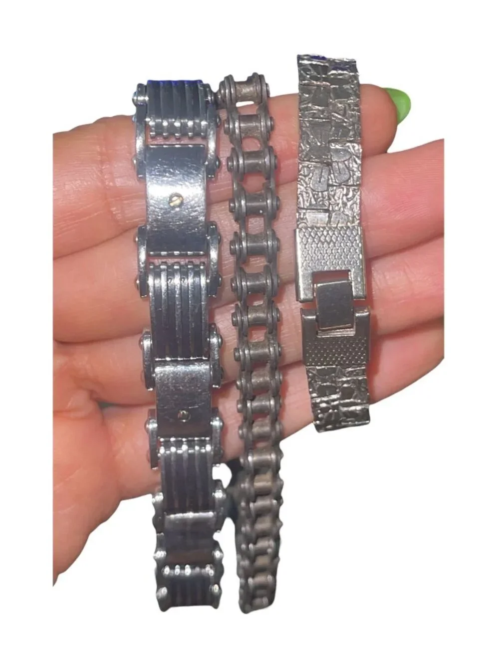Lot of 3 Men's Industrial Metal Bracelets Motorcycle Chain Link Silver Tone